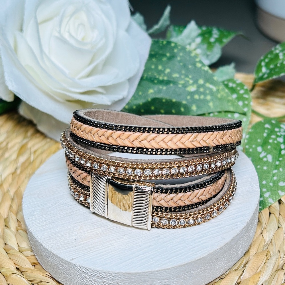 Multiple Layer Crystal, Brass, Braided Leather Wr… - image 7